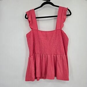 Jolie & Joy Womens Plus 3X Coral Pink Smocked Peplum Ruffle Strap Tank Top